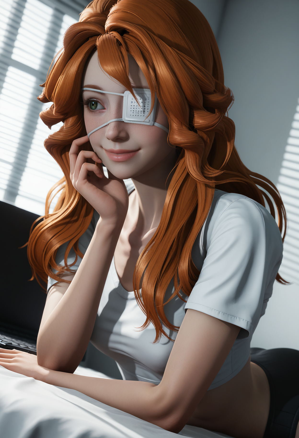 score_9, score_8_up, score_7_up,
1girl, solo, white shirt:crop top overhang, black buruma. wavy hair, medical eyepatch.
indoors, dark, blinds, shadow, laptop, smartphone, bed sheet, lying, on stomach, looking ahead, smile, wide shot, dutch angle, dark background, depth of field,
<lora:Dark_Nova_Pony_v1.0:1.0> d4rkn0v4,