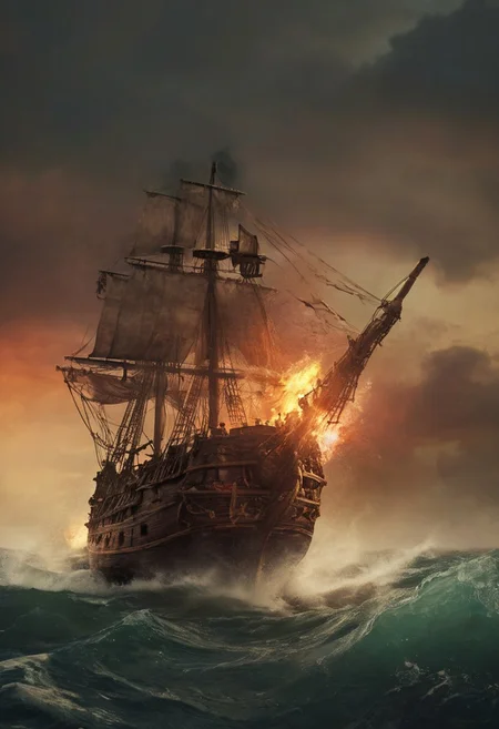 pirate ship, sailing in the rough ocean, moody, with a high-budget. The image has a film grain and is very detailed, with a photo realistic, candid camera effect. The color grading is cinematic, with eye-catching light and natural imperfections, cannon firing on side deck, reddish sky (0.5), explosion, fire