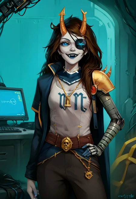 score_9, score_8_up, score_7_up, HD, best quality, masterpiece, rating_safe, detailed, Expressiveh, solo, w4rh4mm3r style oil painting, grimdark, (cyberpunk:0.5), vriska serket, 1girl, grey skin, horns, blue lips, yellow sclera, blue pupils, blue eyes, eyepatch, robotic arm, fangs, teasing, smug smile, smug eyes,