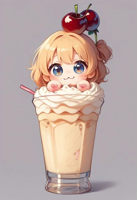 score_9, score_8_up, score_7_up, best quality, fine detail, 1girl, solo, cute, (milkshake chibi), chibi, in glass, cherry
