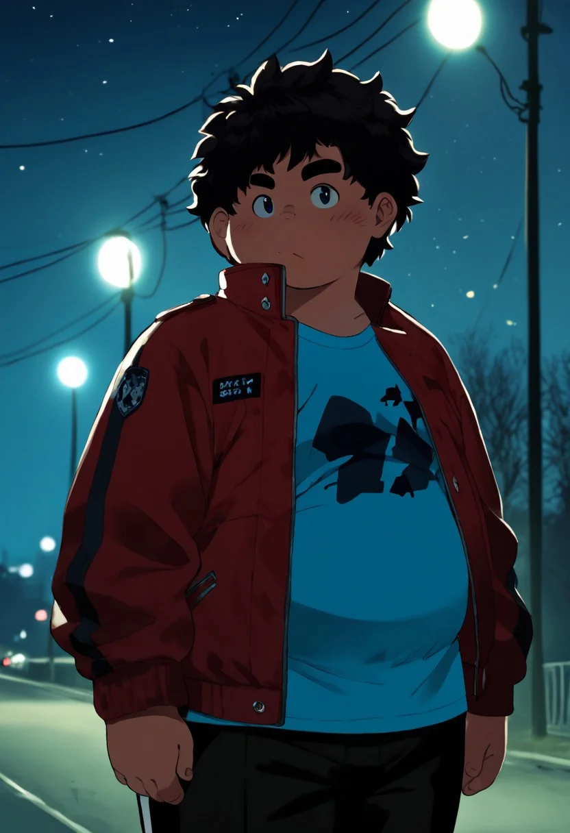 score_9, score_8_up, score_7_up, manga, flat_color, Solo, 1boy, young, chubby, fat, plump, big_belly, big_moobs, moobs, thick_eyebrows, messy_hair, tall, beefy, big, black_pants, standing, neutral, midnight, night, dark, arms_down, black_hair, red_jacket, popped_collar, white_tshirt, blue_lighting, soft_lighting, blue_theme, old_anime