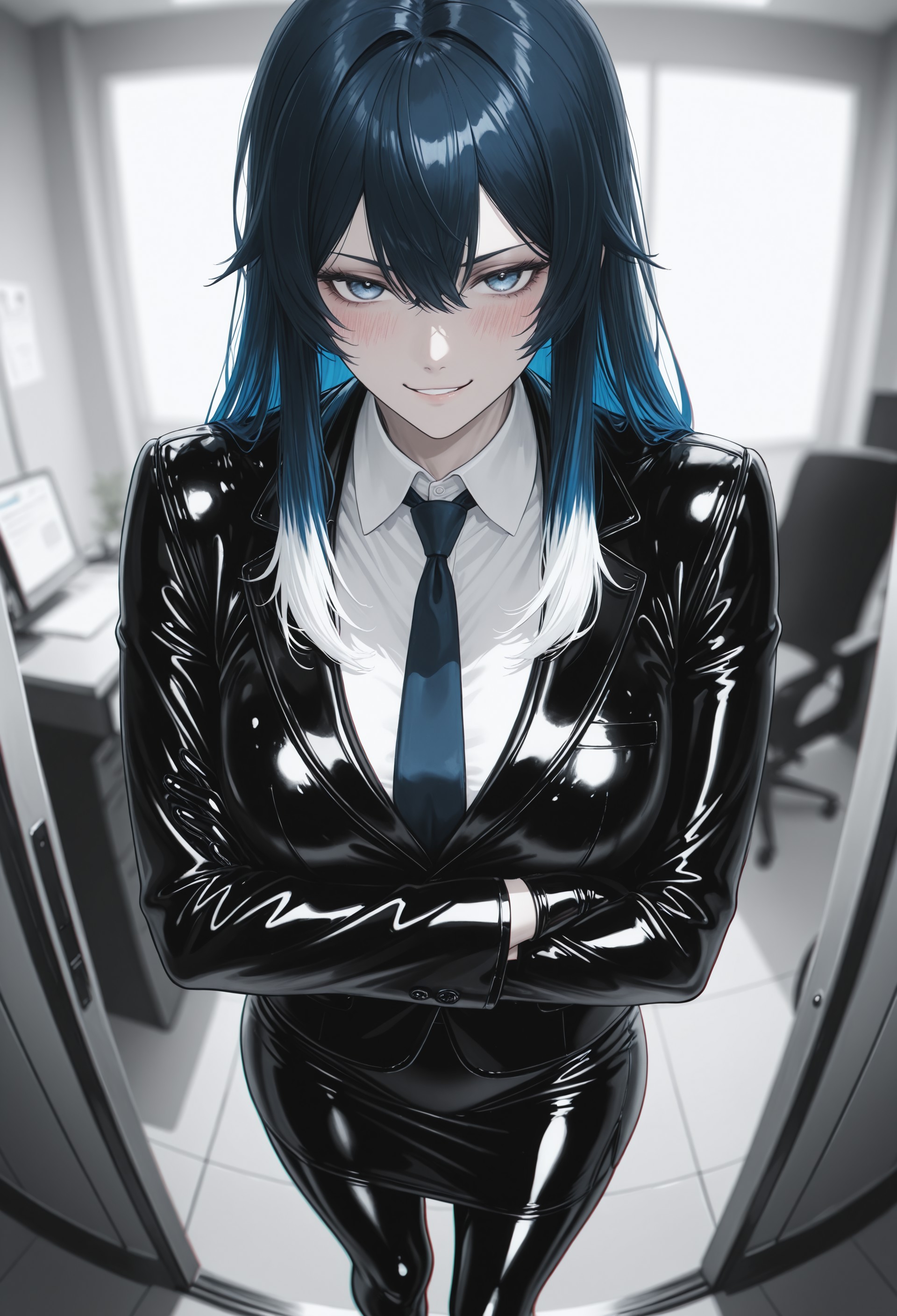 (fov_ps), pale_color, limited_palette, (chromatic aberration:1.7), underlighting, blurry background, office, straight on, 
BREAK, 
1girl, solo, smirking, blushing, (foreshortening:1.3), from above, crossed arms, 
BREAK, 
latex, latex blazer, lapels, white shirt, buttoned shirt, high_collar, necktie, long sleeves, latex gloves, single_arm_strap, latex long pencilskirt, latex leggings, (aged up:1.3), two-tone hair, blue hair, white_colored tips, skinny, tall female, (toned female: 0.7), 
BREAK,
lazypos, masterpiece, very aesthetic, best quality, incredibly_absurdres, absurdres, highres,