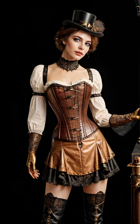 [Victorian:steampunk:0.6] setting, woman embodying a steampunk aesthetic with a Victorian twist, ((intricate corset design)), holding greasy spout oil can, steel boned corset with brass cogs and gear accents, layered bustle skirt in rich brocade, detailed with copper threading, high-collar ruffled blouse with puffed sleeves, leather gloves reaching just below the elbow, adorned with delicate clockwork pieces, striking leather boots with metal heel detailing, a combination of elegance and industrial flair, hair styled in a sophisticated updo, adorned with miniature steampunk-inspired hat, subtle yet striking makeup highlighting her sharp features, standing confidently in a vintage workshop setting, surrounded by brass and copper machinery, soft glow of ambient gaslights, casting dramatic shadows, the air filled with a sense of adventure and mechanical wonder, her presence a perfect blend of Victorian grace and steampunk boldness, captivating the viewer with a look that's both nostalgic and forward-thinking.  OverallDetail HairDetail