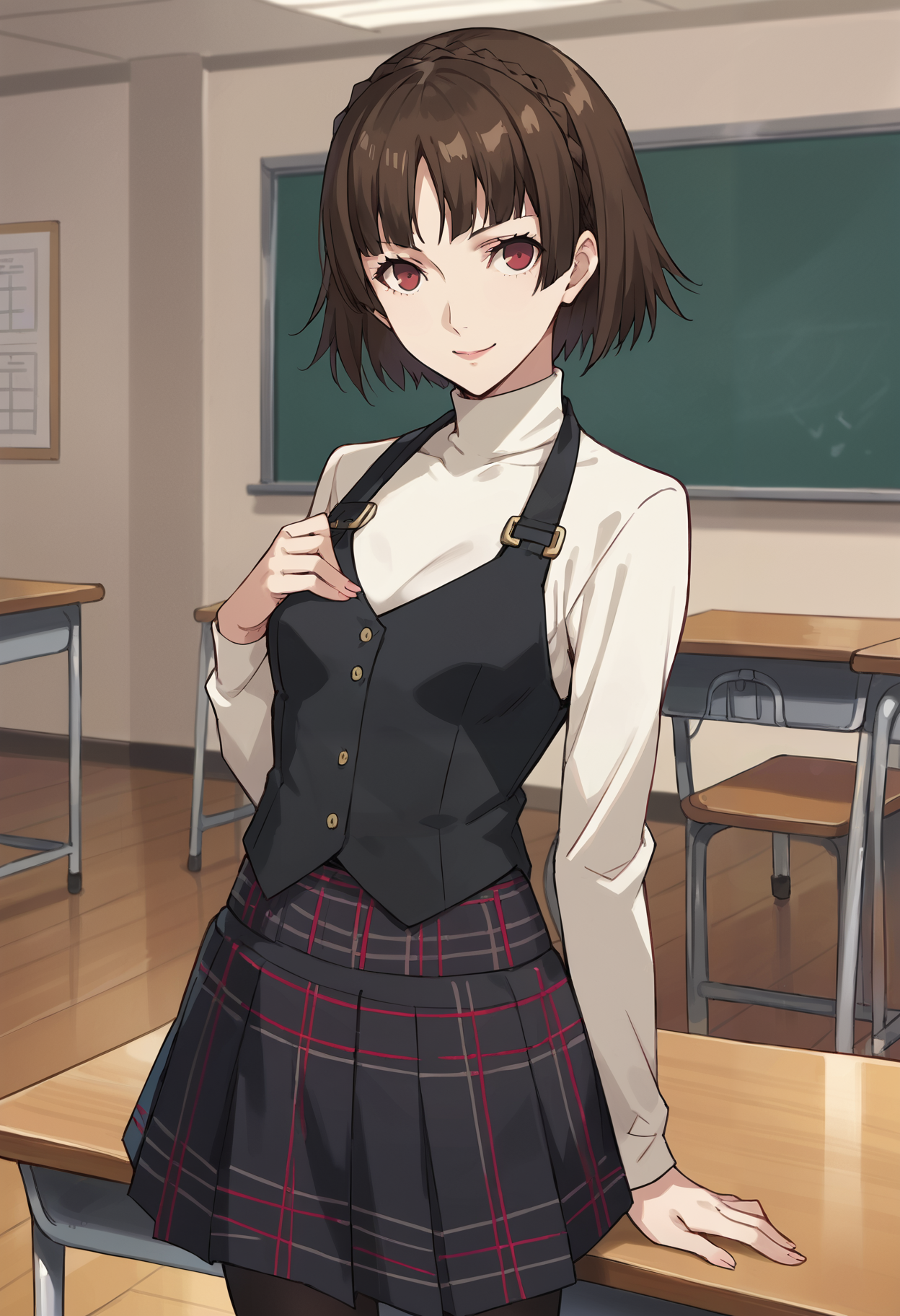 score_9, score_8_up, score_7_up, (source_anime), 1 girl, solo, nsfw, aged up,
defMako, p5makoto, niijima makoto, short hair, bangs, brown hair, long sleeves, school uniform, pantyhose, pleated skirt, turtleneck, plaid skirt,crown braid, shuujin academy school uniform, black vest,
indoor, classroom, smiling,
masterpiece, best quality,