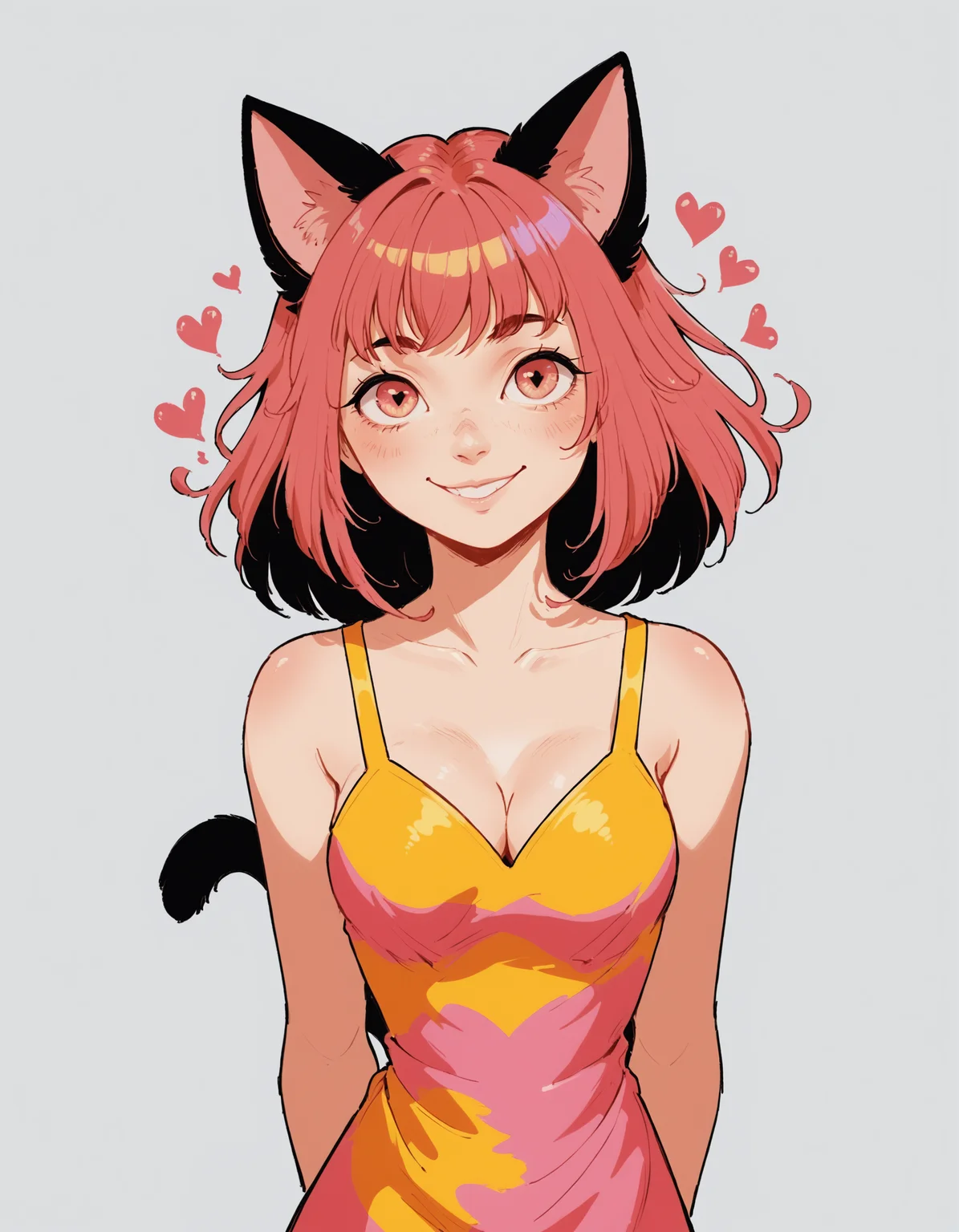 1girl, woman, solo, simple background, cat tail, cat ears, medium sized breasts, cleavage, summer dress, smile, long hair, hands behind back, hearts, love, colorful, large eyes, vintage_pop <lora:whimsical_vintage_pop:1>