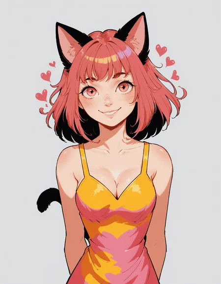 1girl, woman, solo, simple background, cat tail, cat ears, medium sized breasts, cleavage, summer dress, smile, long hair, hands behind back, hearts, love, colorful, large eyes, vintage_pop <lora:whimsical_vintage_pop:1>