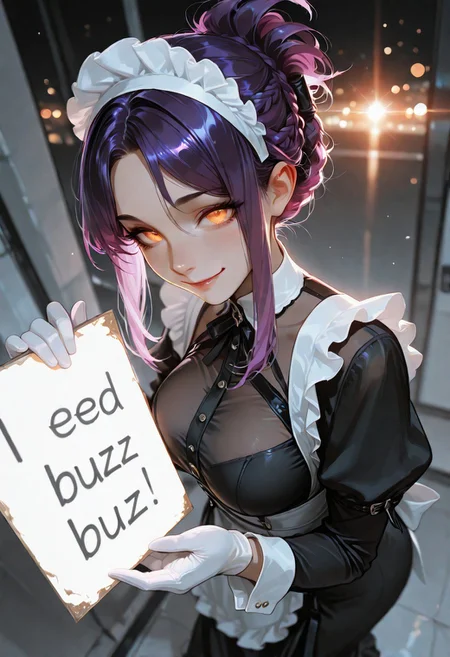 (incase:1.0), masterpiece, best quality,high quality, newest, highres,8K,HDR,absurdres,1girl, depth of field,
BREAK
masterpiece, best quality, good quality, newest, highres, absurdres, volumetric lighting,gradient color, uncensored,
BREAK
raytracing, volumetric lighting, ambient occlusion, girl, background, masterpiece, best quality, very awa, absurdres, model style, stylist,
BREAK
ambient occlusion, raytracing, soft lighting, blum effect, masterpiece, absolutely eye-catching, particles, glow, shining, light,light leaks,sunlight,shine on girl's body,bokeh,blurry foreground,ray tracing,lens flare,cinematic lighting, (beautiful face),
BREAK
masterpiece,amazing quality,best quality,ultra-detailed,8K,illustration,CG,shiny hair,clear skin,ultra-detailed-eyes, detailed background, cute girl, eyelashes,
BREAK
flirting:1.8,
1girl, solo, solo focus, large breasts, purple hair, folded ponytail, parted bangs, very long sidelocks, crown braid, amber eyes, smile, glowing eyes,
BREAK
white gloves, maid headdress, black long maid dress, long sleeves, tight clothes, white trim, white, looking at viewer, close up, masterwork, masterpiece, best quality, elegant, nose, from above,need_buzz, holding sign