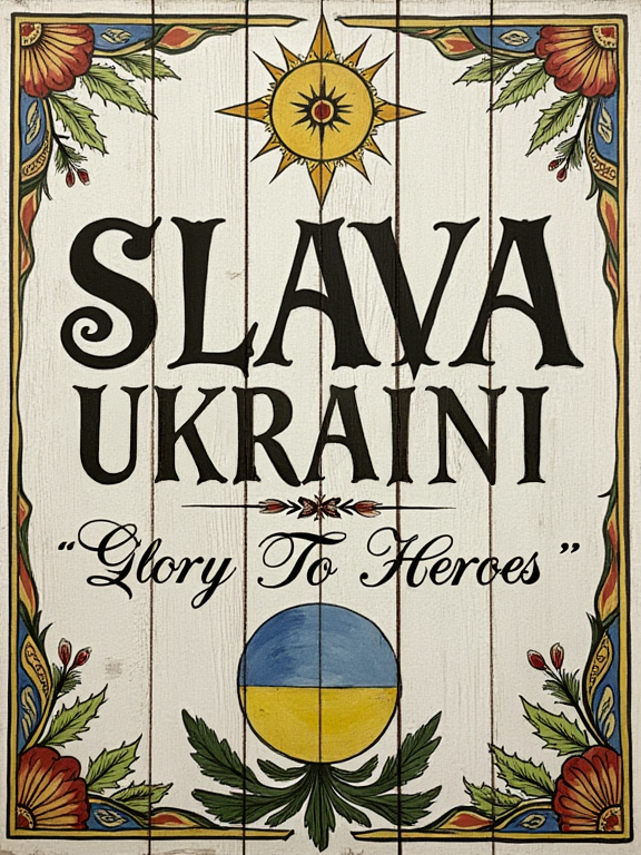w1z_m1ds0mm4r style, naive traditional ukrainian folk art, hand-painted mural on wooden planks, that reads "SLAVA UKRAINI" in swirly script lettering. Below a smaller text that say "- Glory To Heroes -". Decorated frame in petrykivka painting style, with decorative ornamental floral motifs.
