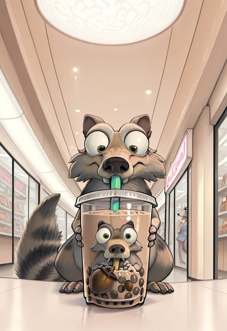 IllusP0s, Scrat, long snout, bushy tail, bulging eyes, striped tail, mall, indoors, close-up, contrast lighting, front view, looking down, low angle, bubble tea, acorn bubbles, drinking, animal focus