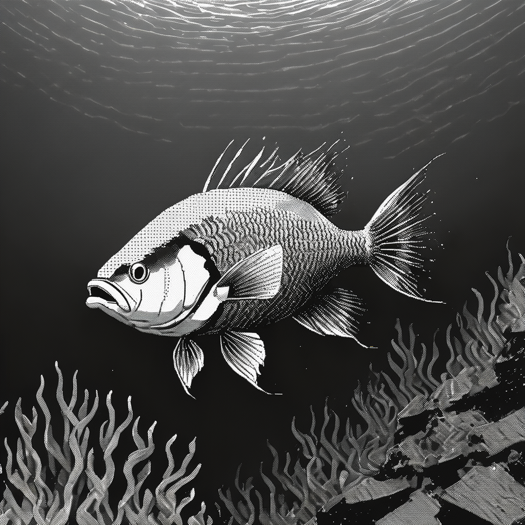 <lora:Macpaint-XL-000015:1>, Macpaint, a black and white pixel close up of a fish in an  underwater scene at the bottom of the sea, pixel art, best quality, 80s, minimalist, dithering, retro art, diver