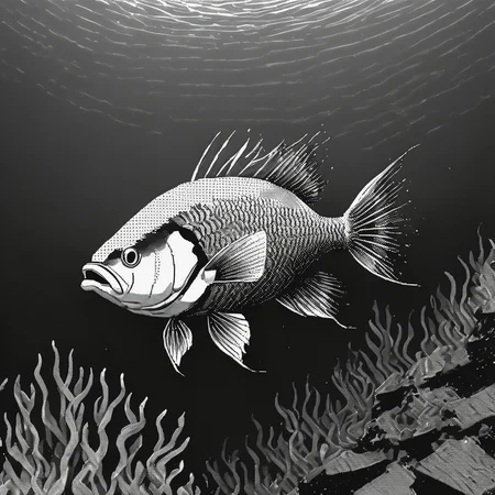 <lora:Macpaint-XL-000015:1>, Macpaint, a black and white pixel close up of a fish in an underwater scene at the bottom of the sea, pixel art, best quality, 80s, minimalist, dithering, retro art, diver