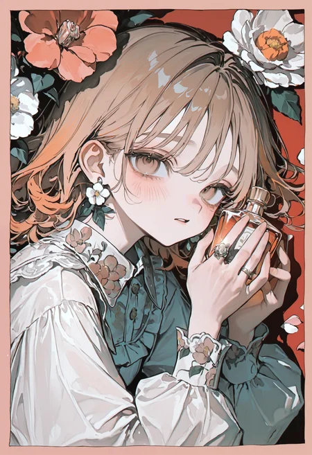 <lora:bmEybWVndV9f-illustriousXL_v01_V2-CAME>, bmEyb, 1girl, flower, solo, flower earrings, white flower, earrings, holding, red background, dress, jewelry, red flower, long sleeves, parted lips, brown eyes, floral print, white dress, collared dress, leaf, puffy long sleeves, puffy sleeves, looking at viewer, bottle, ring, upper body, looking to the side, pink flower, blush, brown hair, medium hair, border, long hair, light brown hair, holding bottle, perfume bottle, floral background, peony \(flower\), petals, orange hair, camellia, hands up