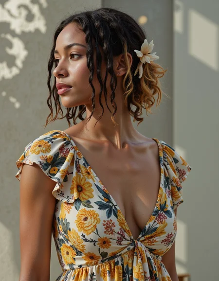a cinematic bust portrait of a beautiful white woman from left head and chest only,Dreadlocks,Butterscotch,dressed in a floral midi dress with ruffled sleeves and wedge sandals,looking afar,Birdhouse,(highly detailed masterpiece Realistic extremely hyper aesthetic trending on artstation),Sony A9 II,white Light and shadow plays