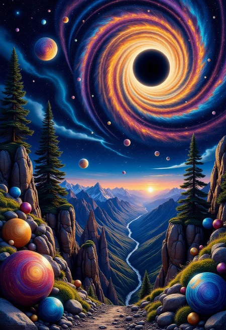 YFG-SRS, Acrylic painting, surreal cosmic scene with a central black hole ringed by sharp, spiky edges, vibrant blue and orange hues blending into the vortex, dark trees lining the curved horizon, glowing orbs floating in the foreground, night sky with intricate textures and vibrant colors. The scene should include a rich variety of elements, each contributing to the overall atmosphere. Lighting should be soft, diffused, and natural, enhancing the depth and realism of the scene. The mood is to be calm yet vibrant, creating a sense of serenity and wonder. Every detail in the scene should be meticulously rendered, emphasizing the contrast between light and shadow, and capturing the fine textures and subtle gradients. The color palette should be carefully chosen to evoke emotion, with each hue enhancing the aesthetic appeal of the overall composition. The final image should be immersive and captivating, drawing the viewer into its intricately detailed world.