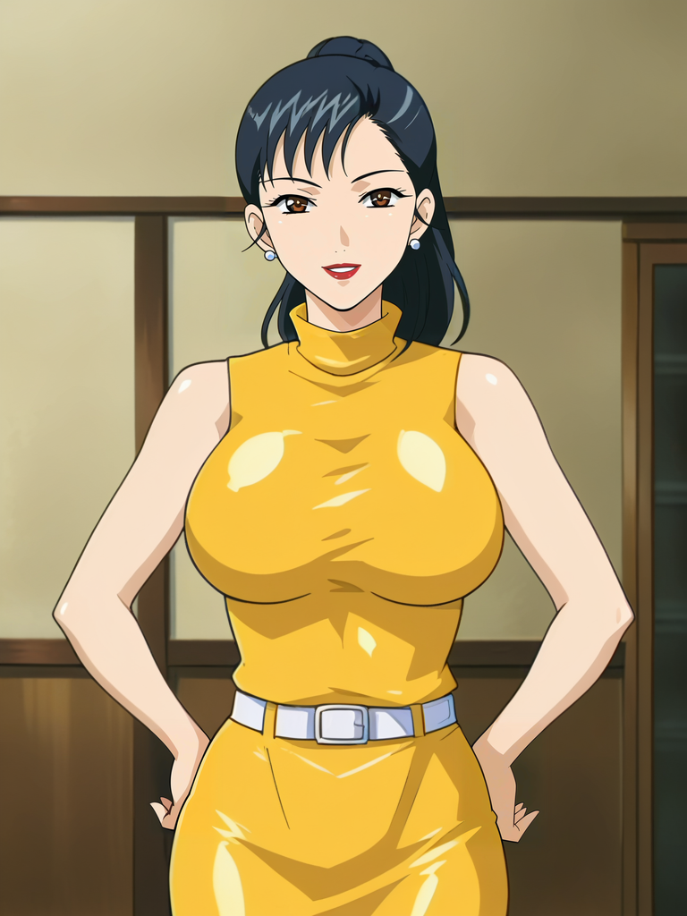 <lora:Youko_Saeki-Hitozuma_Ryoujoku_Sankanbi:0.8>,Youko,1girl,solo,brown eyes,black hair,lipstick,large breasts,earrings,ponytail,sleeveless dress, yellow dress,white belt,pencil skirt,cowboy shot,hands on own hips,looking at viewer, smile,indoors