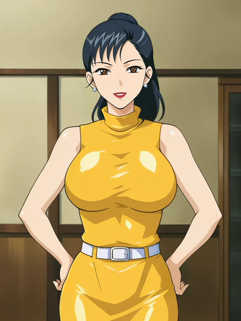 <lora:Youko_Saeki-Hitozuma_Ryoujoku_Sankanbi:0.8>,Youko,1girl,solo,brown eyes,black hair,lipstick,large breasts,earrings,ponytail,sleeveless dress, yellow dress,white belt,pencil skirt,cowboy shot,hands on own hips,looking at viewer, smile,indoors