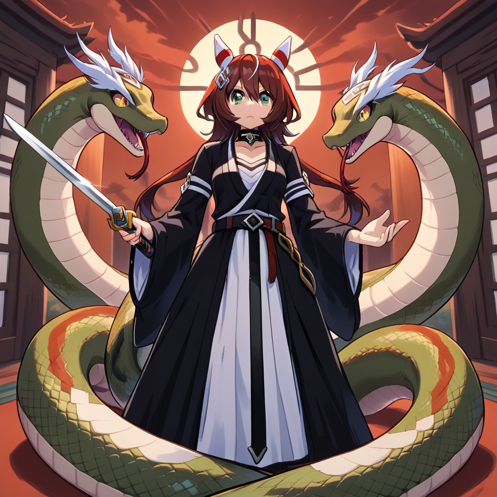 (bleach, (solo, japanese clothes, black kimono,win variation \(umamusume\),18years old,solo ,umamusume , Sinoink, katana, sword , kamae, snake charmer, cool beauty,
1girl vs snake), animal_ears , black_thighhighs ,  choker , green_eyes ,  horse_ears , horse_girl , horse_tail , leg_belt , red_hair , , small_breasts , solo , standing , tail ,  alternate_costume , ) , frilled_choker , frills ,