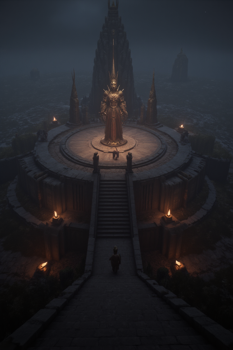 3DGame,The image depicts a fantastical and mysterious scene set in what appears to be an ancient,abandoned temple complex. The architecture is reminiscent of Southeast Asian styles,possibly drawing inspiration from historical temples found in countries **** Cambodia or Thailand. The temple is circular with a raised platform and intricate designs,including pointed spires and elaborate carvings that suggest a place of worship or ritual.,
At the center of the platform stands a massive,ornate statue with a prominent headpiece and multiple arms,which could be interpreted as a deity or a guardian figure from mythology. The statue is surrounded by smaller statues and structures,adding to the sense of grandeur and spiritual significance.,
A lone figure,dressed in a simple,flowing robe,stands on the steps leading up to the platform. This person appears to be a traveler or explorer,possibly on a quest or in search of knowledge or enlightenment. The figure's presence adds a narrative element to the scene,inviting viewers to imagine the story behind their journey.,
The environment is dark and moody,with a misty atmosphere that obscures the background,suggesting a sense of mystery and danger. The use of lighting is dramatic,with candles and torches providing pockets of warmth and illumination amidst the shadows. Debris and ruins are scattered throughout the scene,indicating that the temple has been long forgotten and reclaimed by nature.,
Overall,the image evokes a sense of awe and curiosity,inviting viewers to ponder the history and secrets of this ancient place.,
