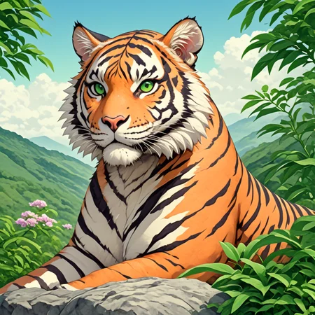 <lora:Ars_Niji_Style_SDXL:1> ArsNijiStyle, Tiger, The image is a digital illustration of a tiger sitting on a rock in a mountainous landscape. The tiger is facing the camera with its head turned slightly to the side. Its fur is orange and black striped and its eyes are a piercing green. The background is filled with lush greenery including trees bushes and flowers. The sky is blue with white clouds and the mountains in the distance are covered in green foliage. The overall mood of the image is peaceful and serene., no humans, tiger, outdoors, flower, sky, green eyes, cloud, plant, day, looking at viewer