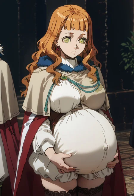 score_9, score_8_up, score_7_up, 1girl, detailed, sidelocks, pregnant,
dress, cape, fur trim, thigh highs, orange hair, long hair, wavy hair, blunt bangs, green eyes, large breasts, earnings, jewelry,