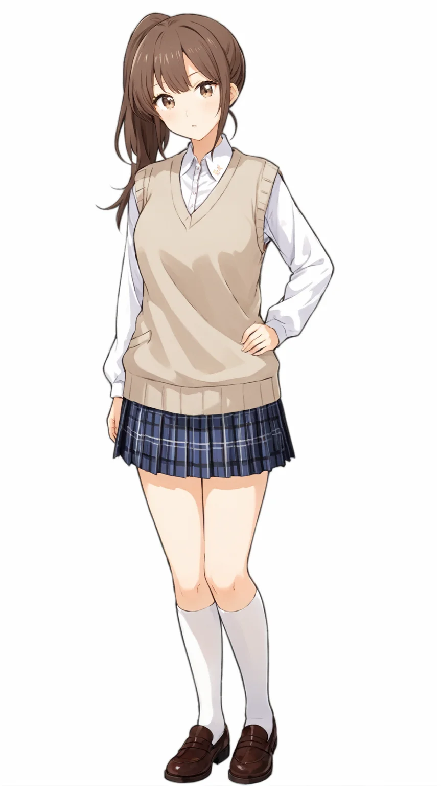 masterpiece,best quaity,
<lora:yunatoomi.sdxl.v3:0.6>
yuna toomi
1girl,solo, brown hair, ponytail,
brown eyes,
school uniform, white shirt, collared shirt, long sleeves
plaid skirt, pleated skirt,
white kneehighs,
brown footwear,
sweater vest, beige sweater,
standing,
full body,
simple background,