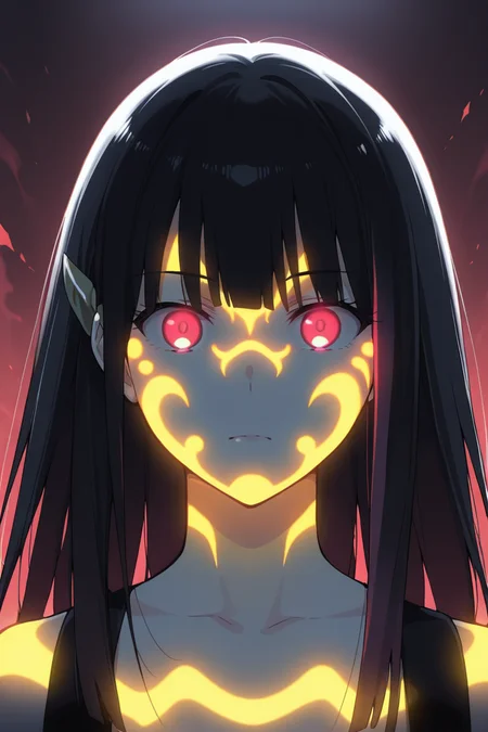 masterpiece, best quality, amazing quality,
<lora:Rouge_IL:1> rouge, 1girl, solo, long hair, black hair, glowing, looking at viewer, red eyes, glowing eyes, portrait, digital bodyprint, bodypaint,