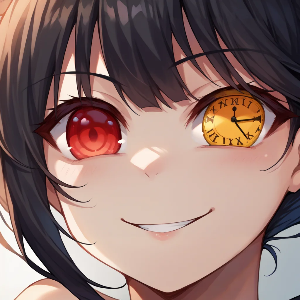 score_9, score_8_up, source_anime, 1girl, solo, TokisakiKurumi, black hair, twintails, heterochromia, red eye, yellow eye, clock eyes, close-up, face, evil smile, <lora:ChamTokisakiKurumiPonyXL-000008:1>