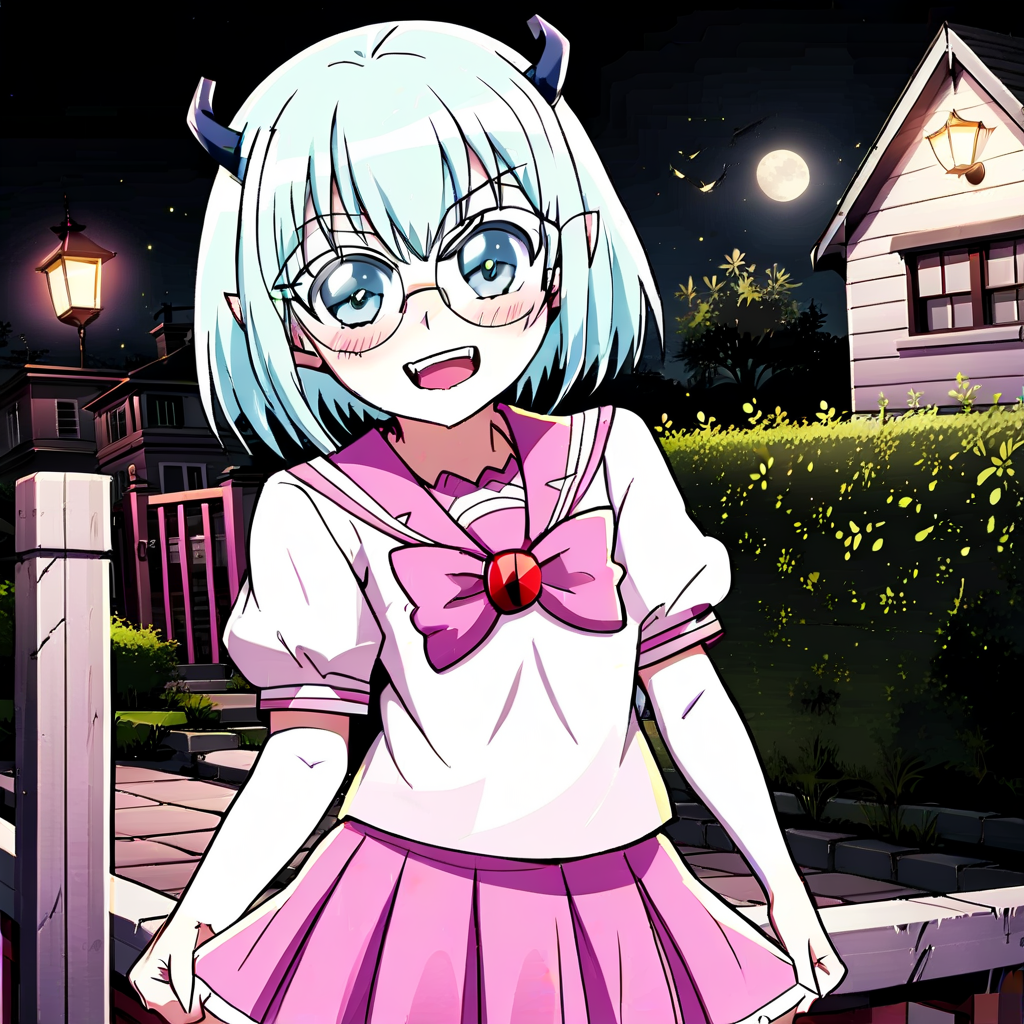 Crocell Kerori, smile, closed mouth, light blush, happy, light blue hair, short hair, blue eyes, horns, round eyewear, colored eyelashes, KeroriSchoolUniform, school uniform, serafuku, pink skirt, bow, standing, looking at the viewer, halloween, outdoors, night