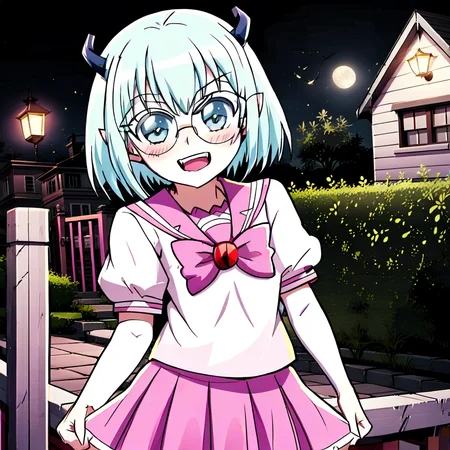 Crocell Kerori, smile, closed mouth, light blush, happy, light blue hair, short hair, blue eyes, horns, round eyewear, colored eyelashes, KeroriSchoolUniform, school uniform, serafuku, pink skirt, bow, standing, looking at the viewer, halloween, outdoors, night