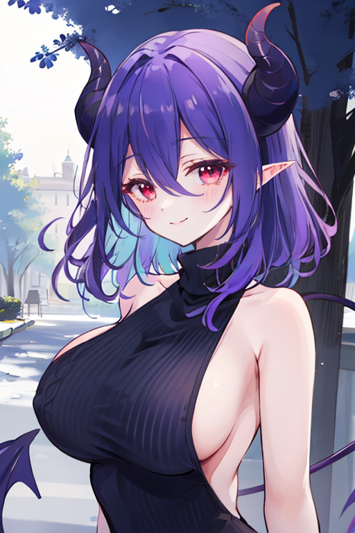 <lora:Vermeil-M1:0.8>,
vermeil, 1girl, breasts, horns, solo, red eyes, smile, looking at viewer, outdoors, purple hair, sleeveless, large breasts, hair between eyes, multicolored hair, medium hair, tree, bare shoulders, upper body, blue hair, turtleneck, demon horns, dress, demon girl, closed mouth, day, gradient hair, black dress, bangs, blush, virgin killer sweater