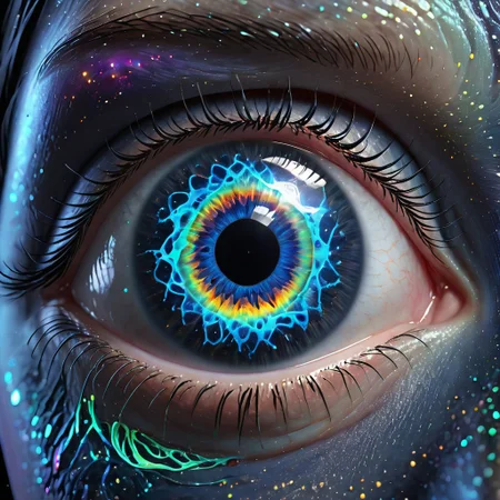 biolumen, detailed eye, iris, cornea, pupil, art, ,universe,luminous human eye, galaxy, night sky, BL4CK3STBL4CK, black_theme, matte_color, flat color