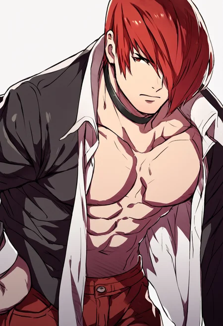 source_anime, <lora:zs_FEGBAPortraitsXL:1> <lora:zs_FatesPortraitsXL:1> fatesportraits, portraits, white background, solo, male focus, 1boy, Iori Yagami, kof, red hair, bangs, red eyes, stern expression, choker, red pants, black shirt, white undershirt, open shirt, hand on hip, verybadimagenegative_v1.3, score_9, score_8_up, score_8, single view, flat color,