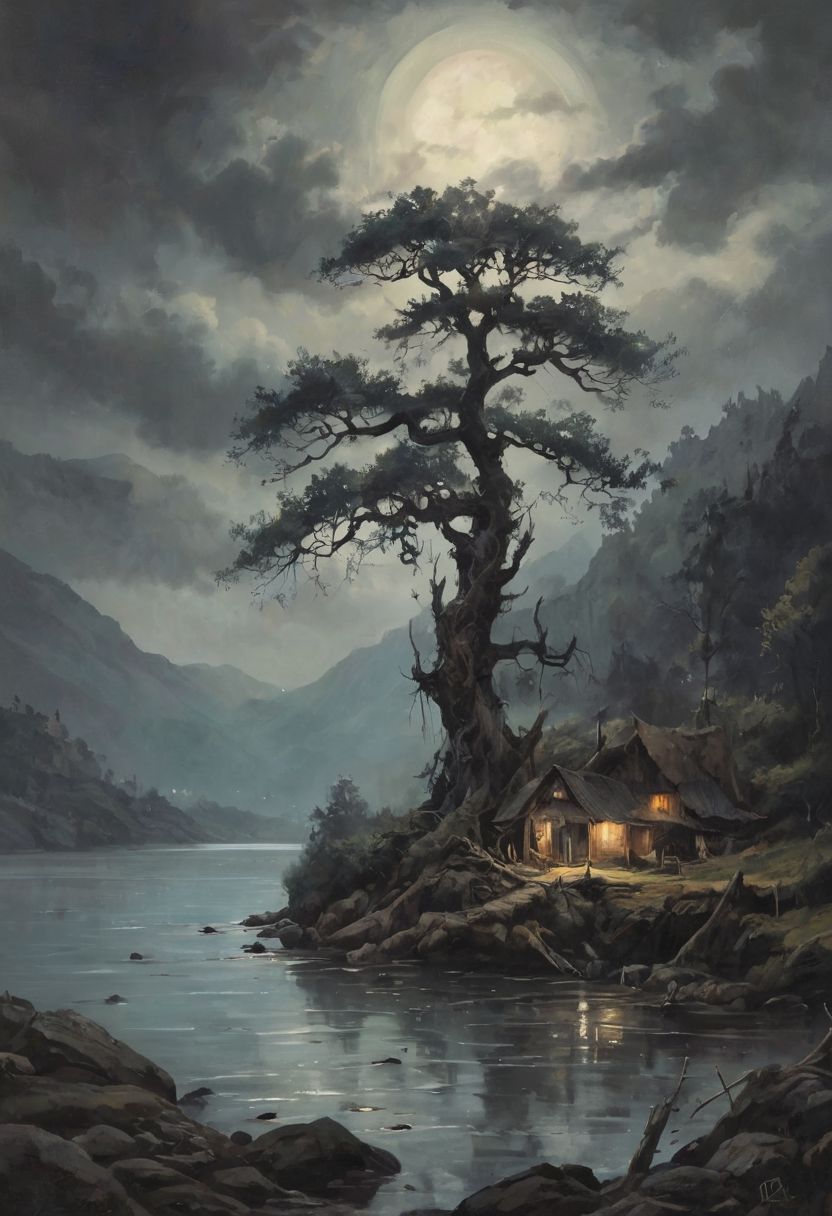 Under the pale light of the full moon, dark atmosphere, dark clouds and mist, a georgous tree looking at wiever, at the background a  fisherman island. romantic impressionism, dream scenery art, beautiful oil matte painting, romantic, beautiful digital painting, anime landscape, romantic painting, dreamlike digital painting, colorful painting, thick brushstrokes characteristic, rough stroke,  beautiful gorgeous digital art, style Karol Bok, Brian Froud, Wendy Froud, Guy Davis, Sergio Sandoval