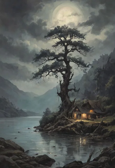 Under the pale light of the full moon, dark atmosphere, dark clouds and mist, a georgous tree looking at wiever, at the background a fisherman island. romantic impressionism, dream scenery art, beautiful oil matte painting, romantic, beautiful digital painting, anime landscape, romantic painting, dreamlike digital painting, colorful painting, thick brushstrokes characteristic, rough stroke, beautiful gorgeous digital art, style Karol Bok, Brian Froud, Wendy Froud, Guy Davis, Sergio Sandoval