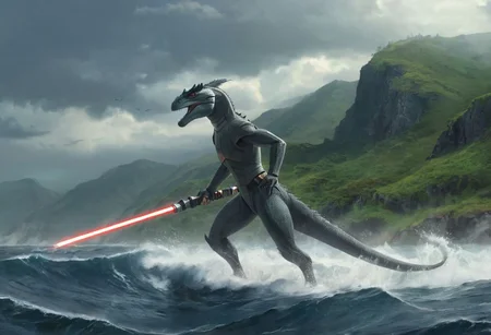 star-wars style spaceship, a (solo:1.5) black white lizard in (star wars armor) katana sword on belt (cockpit instruments view:1.5) (ocean:0.5) (waves:0.5), in the middle of sea,
dawn, heavy rain, wind, windy, typhoon, hurricane, tropical storm, fog, mountain, sky, cloud, deluge, rainforest,
scenic background, epic landscape, scenery artwork, beautiful concept art, highly detailed, dynamic lighting, cinematic, anime screencap in mnst artstyle, (soft focus),full body character portrait landscape, <lora:AddDetail:1.6>,
