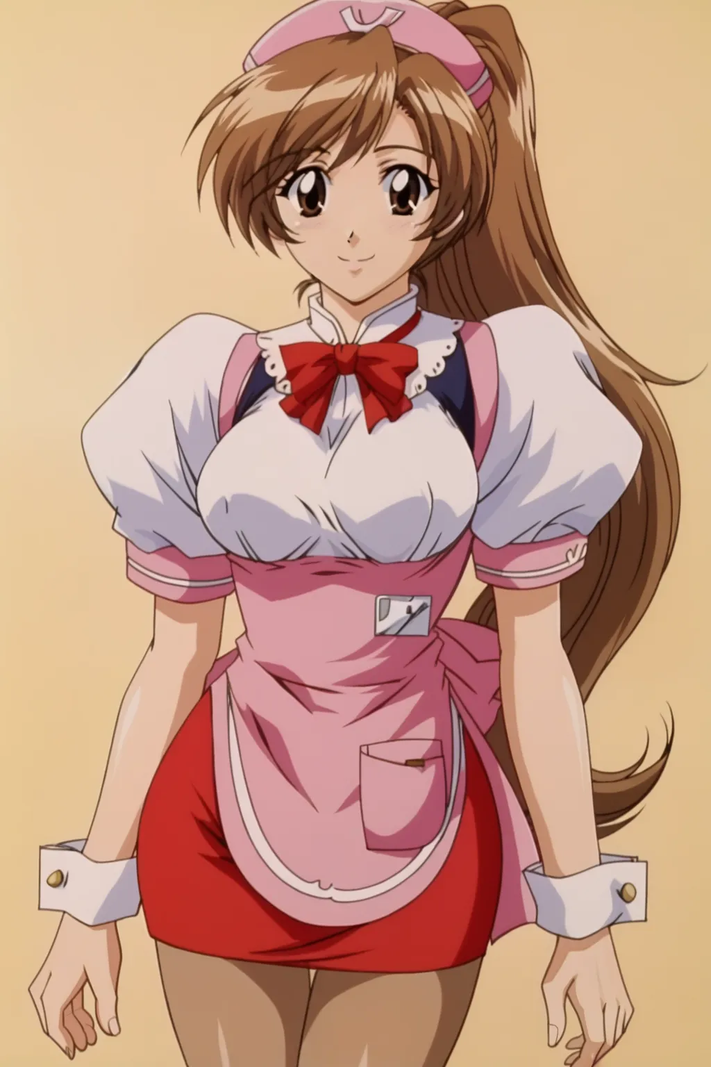 score_9, best, masterpiece, uncensored,
1girl, solo, retro artstyle, 1990s (style), slight smile, empty hands,
(TakasakiTomoe:1.5), waitress, wrist cuffs, apron, puffy short sleeves, maid headdress,  red neck bow, pantyhose,
<lora:MagicalKananWaitresses_V4:0.8>​​​