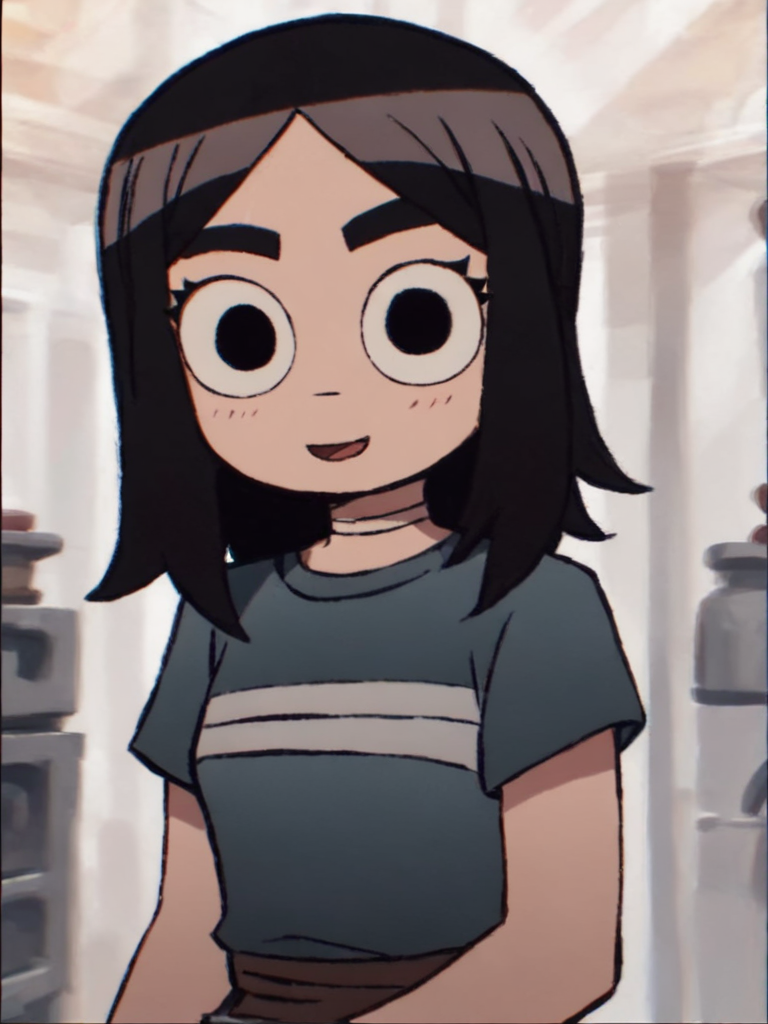 <lora:StaceyPilgrimPony1.0:1> StaceyPilgrim, 1girl, solo, black hair, shirt, black eyes, upper body, short sleeves, open mouth, choker, medium hair, blush, parted lips, bangs, long hair, thick eyebrows , looking at viewer,smile, cowboy shot,, score_9, score_8_up, score_7_up, score_6_up