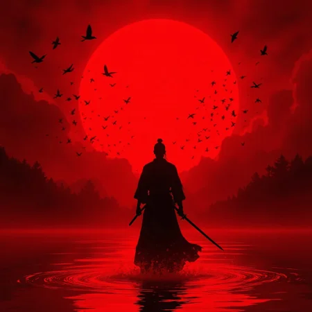 Silhouette of a lone warrior, wielding a katana, in a dramatic red-toned landscape. Crimson sunset sky, vibrant and intense, forms a backdrop for the figure. Large, ominous flock of birds fills the space around the sun. Warrior is positioned in a serene, yet determined stance. Dark, shadowy silhouette on a fiery red water; deep crimson hues dominate the composition, creating a dramatic and somber atmosphere. The warrior's clothing resembles traditional Japanese attire, implied by the silhouette. Perspective is a mid-shot, focusing on the figure's pose and the intense atmosphere. The composition and perspective of the image are centered around the central figure of the warrior. The mood is intense and somber, with a sense of urgency and conflict. Paint-like textures, with visible brushstrokes, suggest a painterly approach. The style is reminiscent of dramatic Japanese manga and anime, and conveys a strong, dramatic message. Intense color palette, and a deep sense of drama contribute to the overall somber and violent mood.
