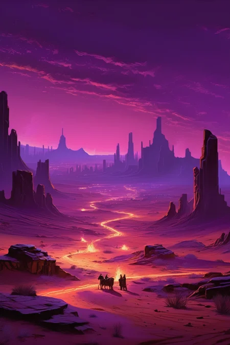 <lora:Noah Bradley Style:1>Noah Bradley Style - a campfire in a a shadowy purple desert, violet sand, chocolate skies, in the distance are the neon lights of the city