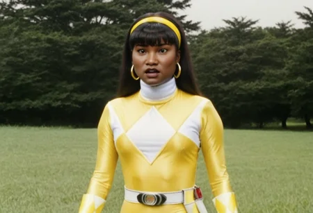 thick yellow energy beam, thick yellow energy beam, thick yellow energy beam wrapped tightly around waist of female yellow power ranger Ellie, 1girl, alone, 20-year-old black woman, yellow headband, yellow hairband, centre-parting voluminous straight shoulder-length with bangs haircut, dark-skinned, fringe, black hair, brown eyes, helmetless, wearing yellow power ranger costume, yellow spandex catsuit, white collar, white gloves, large chunky steel hoop earrings, talking, concerned facial expression, standing square-on, both arms down by sides, torso shot, in action in grassy meadow, hyperdetailed photography