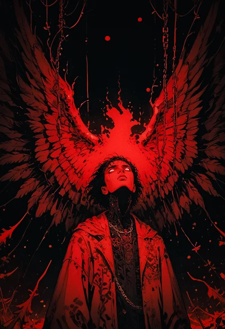 score_9, score_8_up, score_7_up, solo, 1boy, upper body, no pupils, blank eyes, falling, 1arm up, reaching, male focus, arms up, hands up, dripping, chaos, black background, red theme, abstract, dark aesthetic, Sinozick, wings, multiple wings, robotic circuits, looking up, flat, retro, dated, f3nn3r, dark theme, gloomy, chain, wires, <lora:sdxl_lightning_8step_lora:1> <lora:Art_Adams_Style_Pony_XL:0.4> <lora:Dark_Anime:0.2> <lora:glowneon_xl_v1:0.4> <lora:nostalgia-000011:0.4> <lora:Sinozick2:0.4> <lora:f3nn3rXLP:0.8>