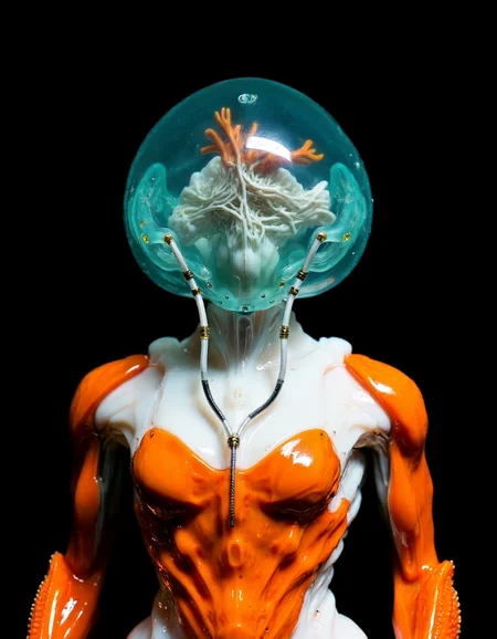 4byss,Create a portrait of a powerful, biomechanical humanoid with a translucent, jellyfish-inspired helmet. The helmet glows subtly with cyan and orange hues, and small neural fibers are visible within, pulsing with light. The figure’s body is a mix of muscular, synthetic flesh and integrated mechanical components, with a glossy finish in bold orange and white. Delicate cables connect the helmet to the chest, while the shoulder and arm areas feature biomechanical gills that softly radiate cyan. Against the black background, the contrasting colors and polished surfaces highlight the futuristic and aquatic aesthetics of this alien-inspired design.

