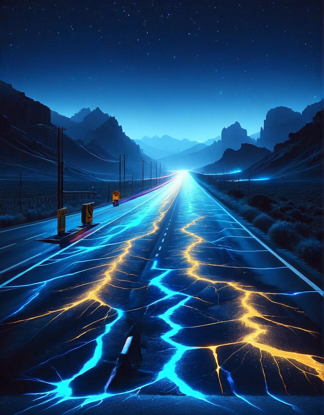 A desolate highway, its cracked asphalt illuminated under the moonlight by a continuous line of indigo ais-nnsplsh, guiding travelers to unknown destinations. <lora:ais-nnsplsh-sdxl:1>