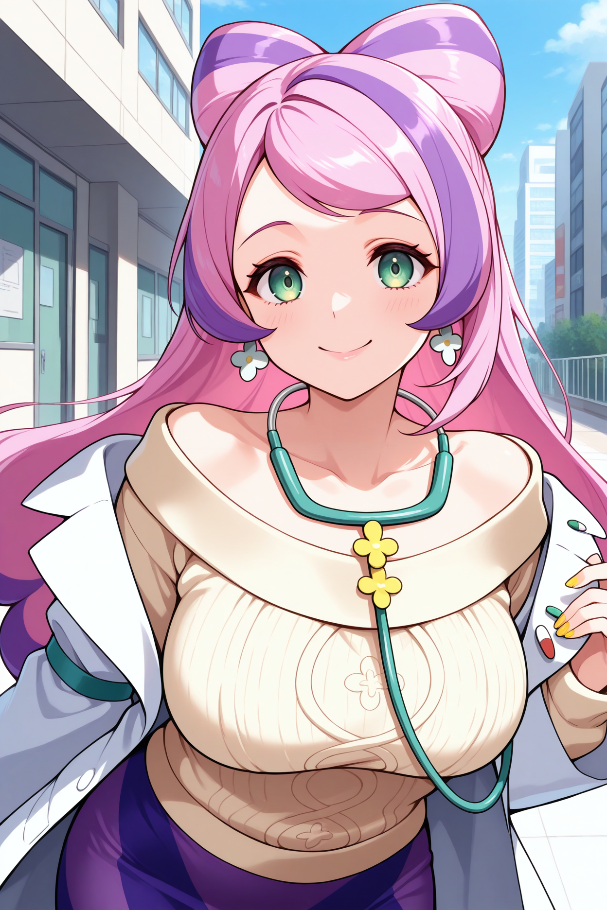 masterpiece, best quality, 1girl, solo,  <lora:pkmnmiriam-illu-nvwls-v1-000006:1> m1ri, swept bangs, multicolored hair, purple hair, pink hair, bow-shaped hair, long hair, green eyes, eyelashes, yellow nails, huge breasts, flower earrings, off-shoulder sweater, beige sweater, stethoscope, lab coat, pencil skirt, striped skirt, purple skirt, looking at viewer, smile, blue sky, city street, hospital, happy, upper body