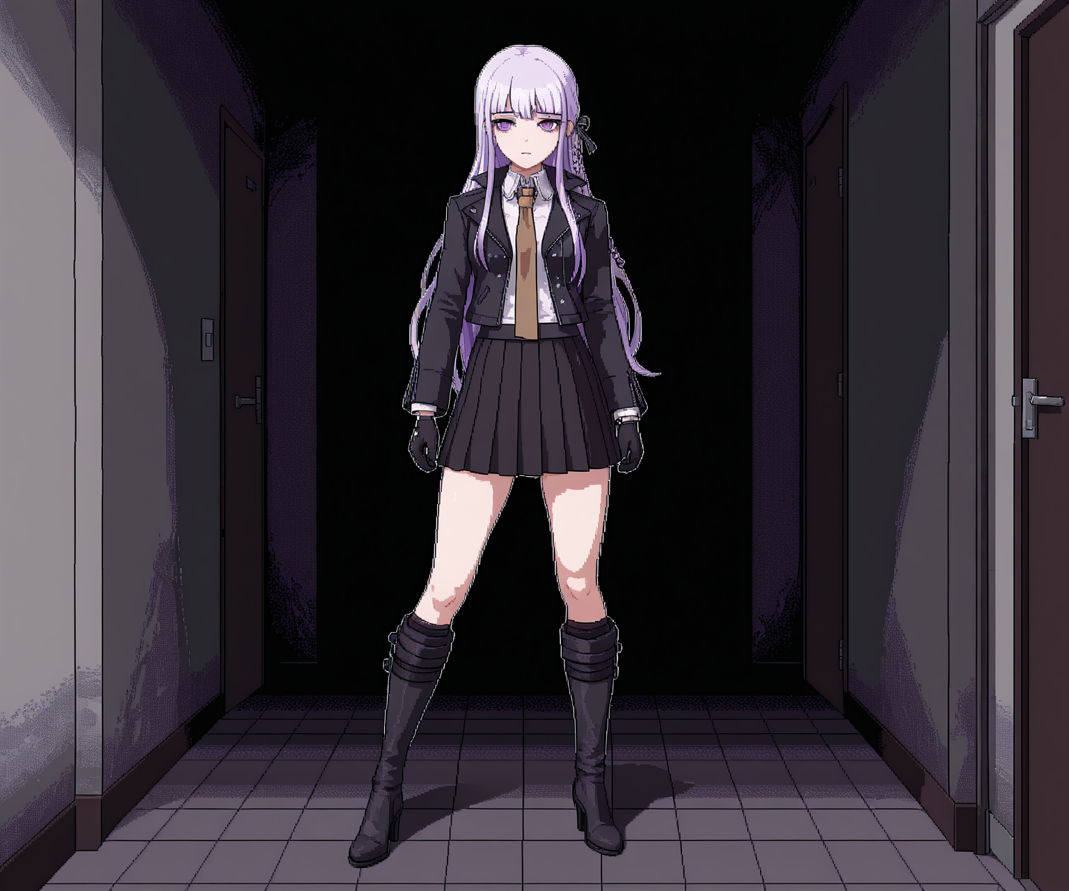 masterpiece, best quality, amazing quality,  1girl, solo,  horror \(theme\), <lora:World of Horror style:1.2> WoH, pixel art,  <lora:Kyoko  [Illustrious] - Danganronpa:0.6> DRK1r1g1r1, purple eyes, long hair, side braid, purple hair, black ribbon, hair ribbon, black jacket, open jacket, white shirt, brown necktie, black gloves, black skirt, pleated skirt, black footwear, knee boots, high heel boots