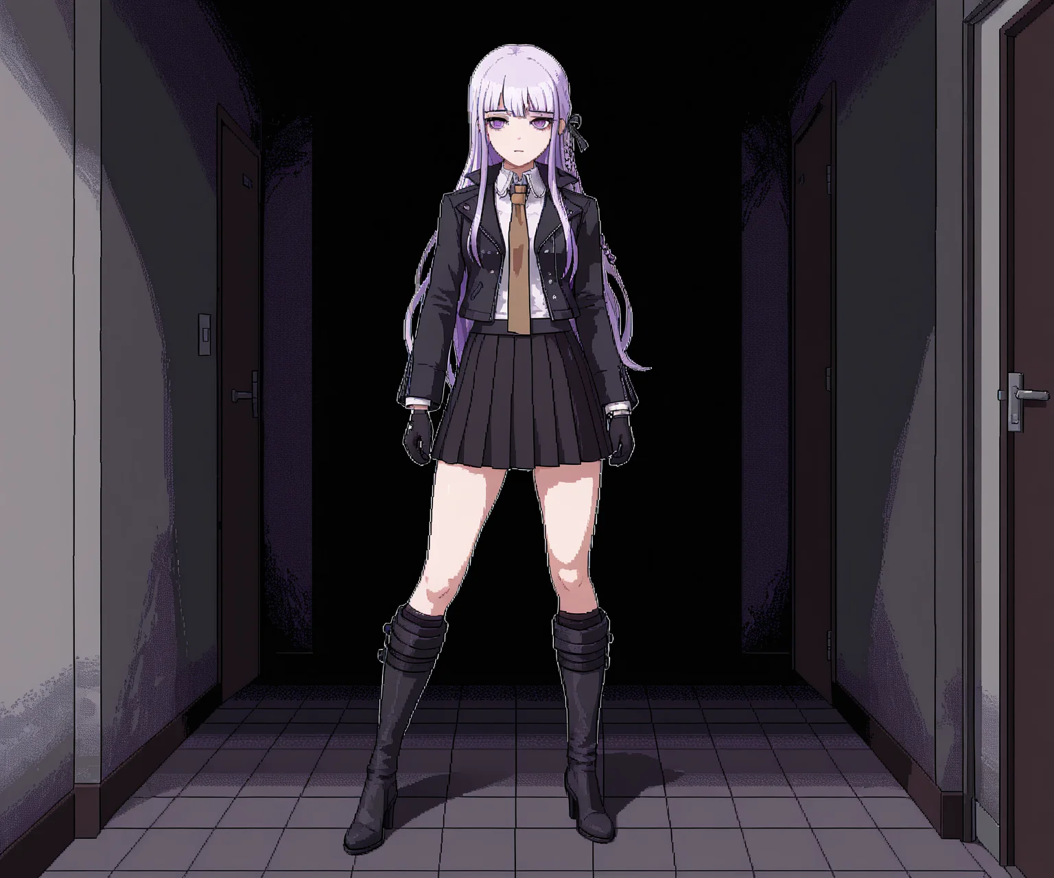 masterpiece, best quality, amazing quality,  1girl, solo,  horror \(theme\), <lora:World of Horror style:1.2> WoH, pixel art,  <lora:Kyoko  [Illustrious] - Danganronpa:0.6> DRK1r1g1r1, purple eyes, long hair, side braid, purple hair, black ribbon, hair ribbon, black jacket, open jacket, white shirt, brown necktie, black gloves, black skirt, pleated skirt, black footwear, knee boots, high heel boots