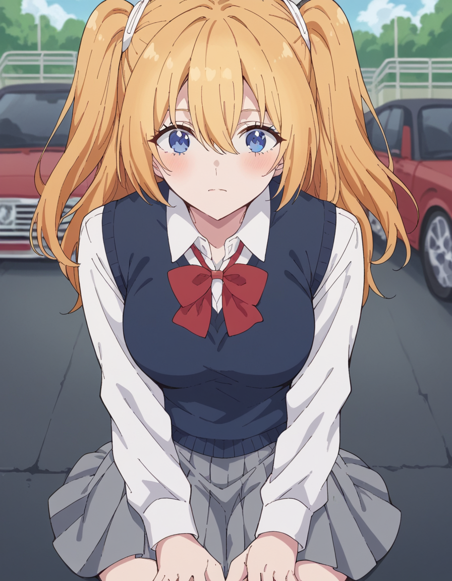 score_9, score_8_up, score_7_up, source_anime, <lora:ririsa-amano-s1-ponyxl-lora-nochekaiser_r2:1>, ririsa amano, long hair, bangs, blue eyes, blonde hair, hair between eyes, two side up, medium breasts, mature female, skirt, bow, school uniform, jacket, pleated skirt, grey skirt, sweater vest, collared shirt,, parking lot, cars, asphalt, spaces, open, , hands on own knees, looking at viewer, solo,, dutch angle, cowboy shot