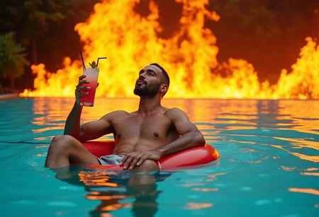 a man with a cocktail in his hand is on a rubber ring on a swimming pool . The swimming pool is surrounded by a huge fire. There is a text "Relax, all is fine" above the scene