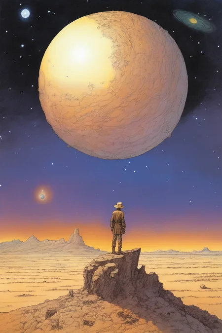Josh Kirby Style - in the style of jean giraud / moebius, far future, day, desert planet, young man standing over a fallen crown under a starlit sky.