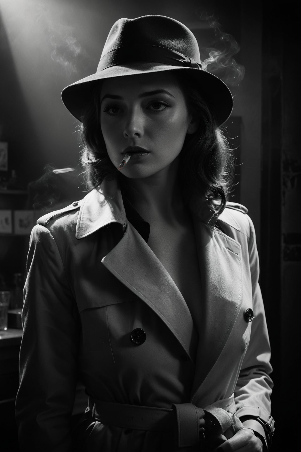 Black and white film noir still of a woman with a cigarette, wearing a trench coat and fedora, hard lighting, shadows, mysterious atmosphere, 1940s aesthetic. 
(masterpiece, award winning artwork)
many details, extreme detailed, full of details,
Wide range of colors, high Dynamic
 <lora:add-detail-xl:1> 
<lora:WildcardX-XL-Detail-Enhancer:0.9>
 <lora:zavy-cntrst-sdxl:0.245> dark, chiaroscuro, low-key 
<lora:RMSDXL_Creative:0.24> 
<lora:dvr-lnds-sdxl:0.22> dvr-lnds-sdxl